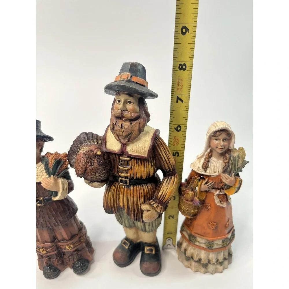 Vintage Pilgrim Figurines Set of 3 Thanksgiving Fall Decor Resin & Pumpkin